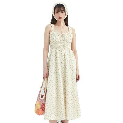 瑞尔复古吊带裙u领中长款