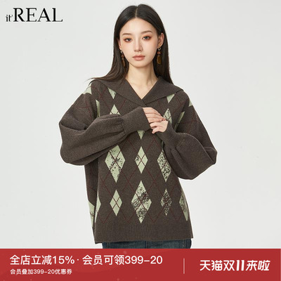itreal复古菱格毛衣海军领