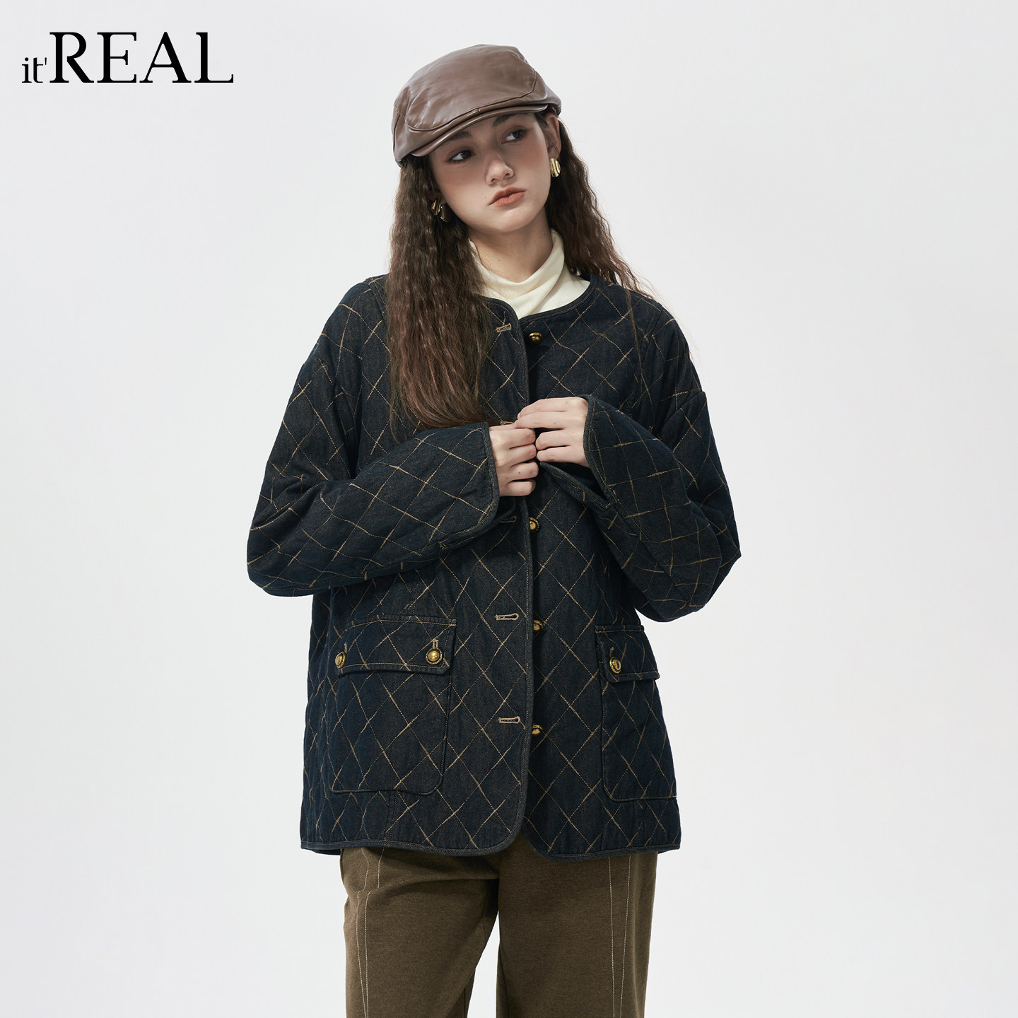 it'real瑞尔冬季新款简约经典格纹休闲牛仔棉衣女