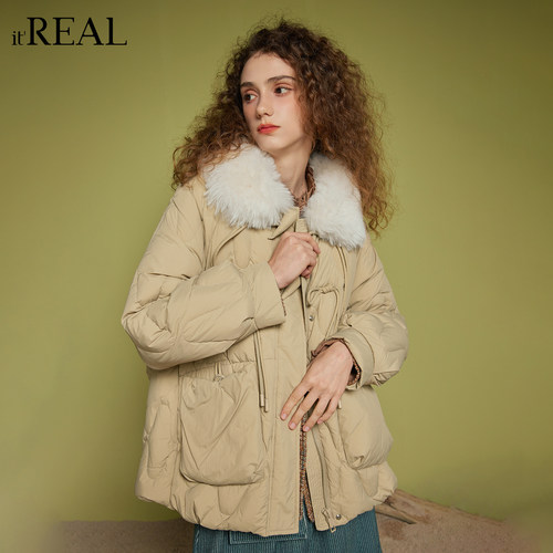 it'real瑞尔冬季新款简约减龄毛领时尚短羽绒服女