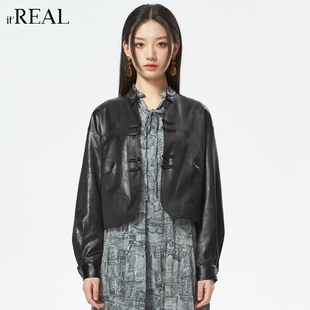 复古长袖 新中式 PU外套 real瑞尔国风盘扣皮衣女秋冬新款