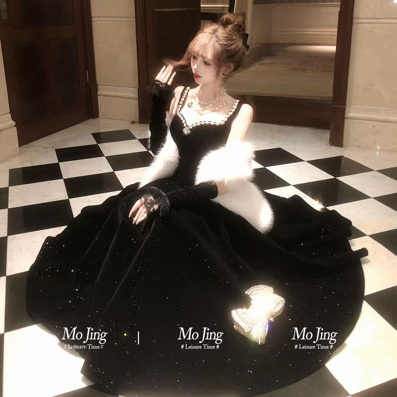 吊带连衣裙女冬黑色闪钻公主裙