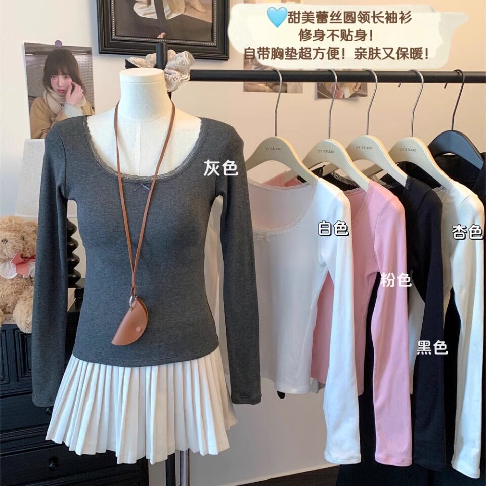 性感磨绒长袖T恤女带胸垫蝴蝶结蕾丝拼接秋冬内搭修身打底衫上衣