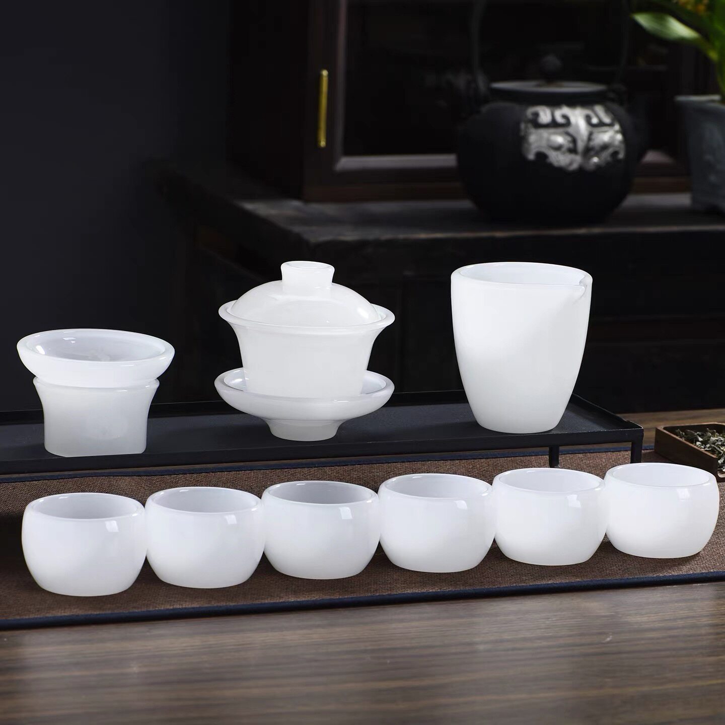 琉璃功夫茶具套装白色简约家用高档泡茶器茶壶茶杯整套三才盖碗