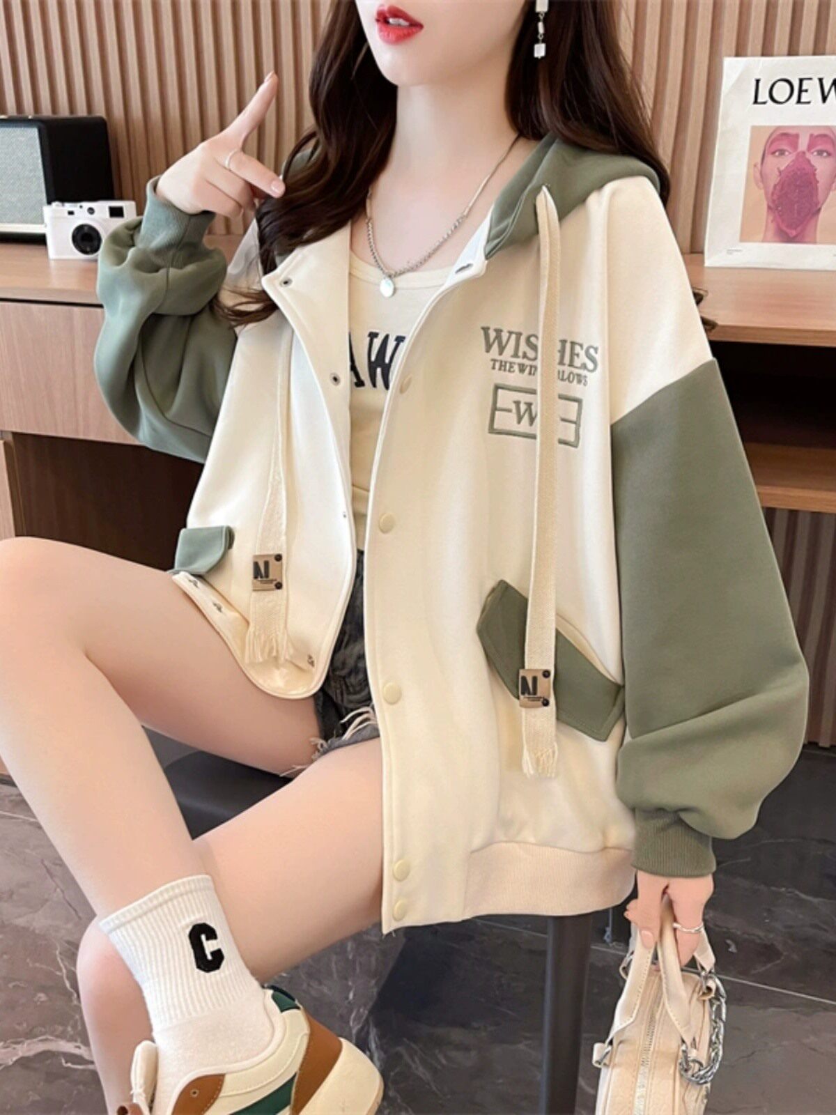 春秋季薄款开衫卫衣少女装初高中学生宽松大码连帽夹克棒球服外套