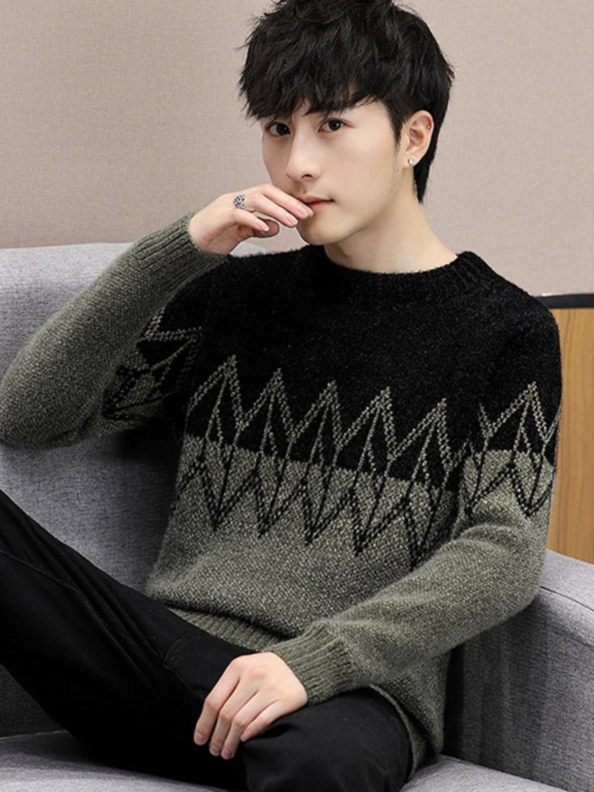 秋冬季青少年男孩潮流时尚加绒加厚保暖毛衣初高中学生针织打底衫