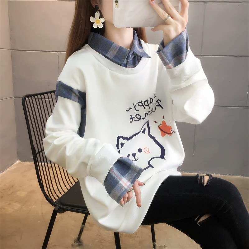 秋冬加绒加厚保暖长袖t恤少女装初高中学生宽松休闲假两件上衣服