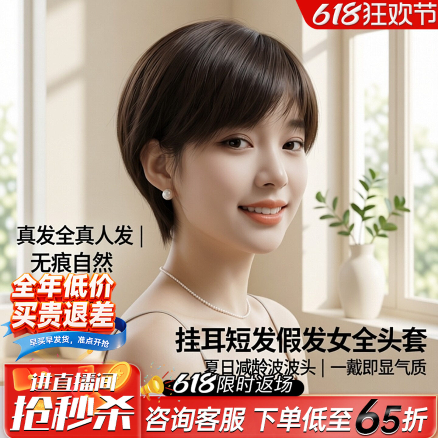 挂耳短发假发女全头套真发全真人发夏天无痕自然减龄波波头整顶