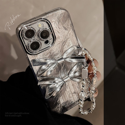 AceCase轻奢立体银色蝴蝶结手机壳适用16苹果15promax简约iphone14挂链13镜头膜12电镀11小众xs个性全包