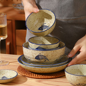 中式鱼乐盘子碗家用陶瓷碗碟