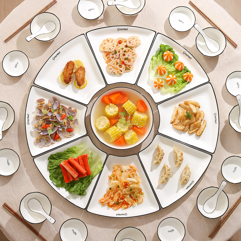 新中式扇形拼盘餐具组合过年陶瓷碗碟套装中国风碗盘家庭团圆摆盘