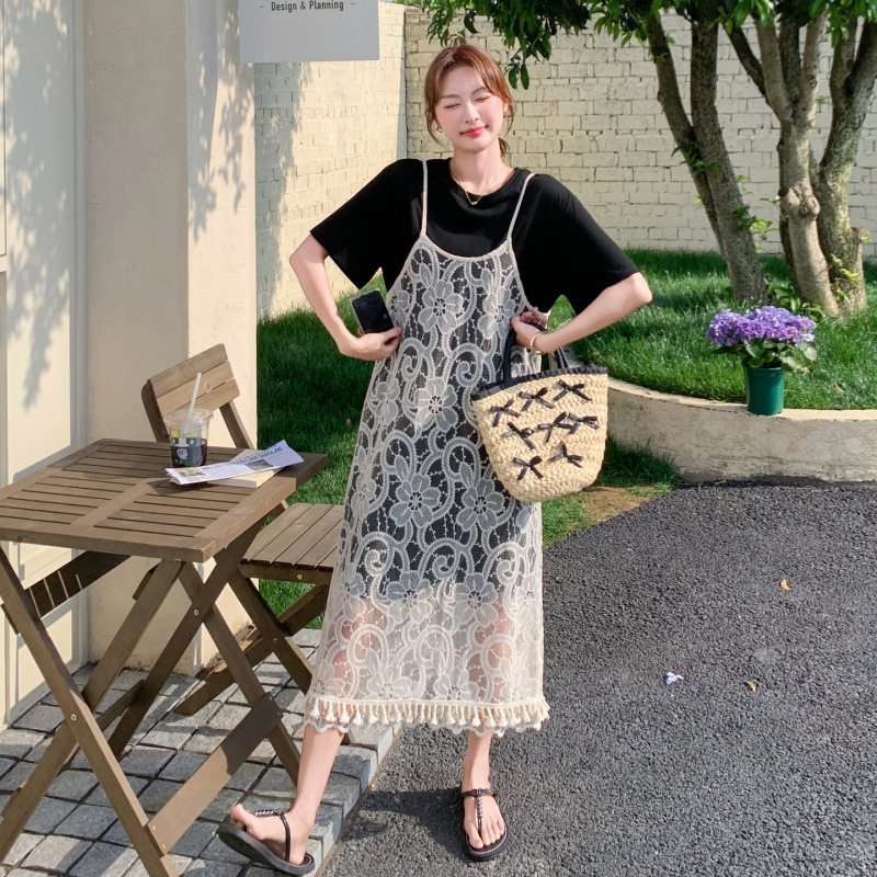 实拍叠穿流苏吊带蕾丝刺绣罩衫T恤连衣裙套装女夏法式温柔两件套