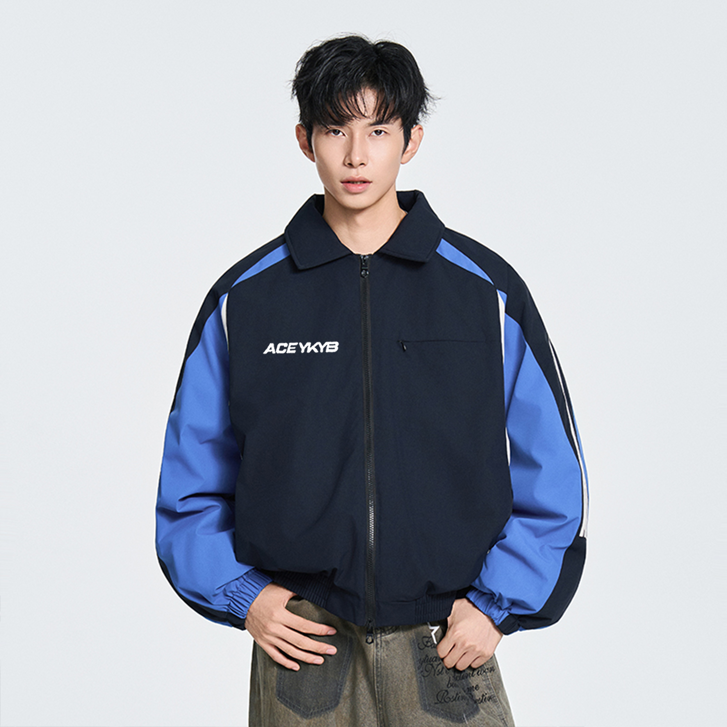 YKYB黄子韬 美式复古拼接宽松防寒翻领羽绒服拉链亮色保暖外套冬