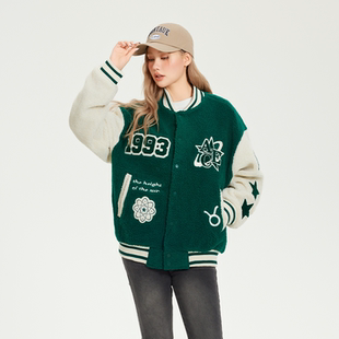 羊羔毛棒球服拼接刺绣上衣潮街头保暖宽松外套 YKYB黄子韬同款
