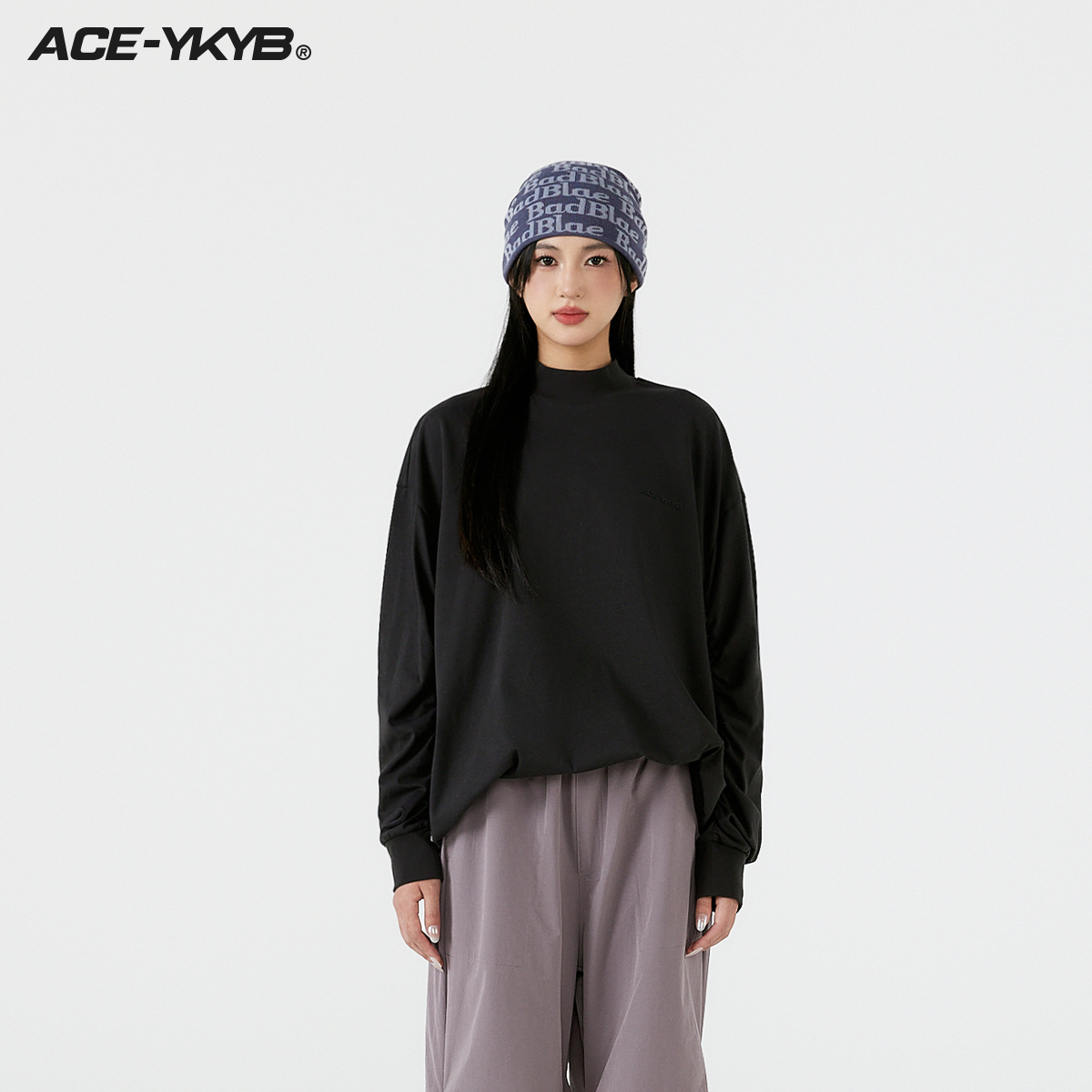 ykyb小高领抽皱磨毛长袖T恤