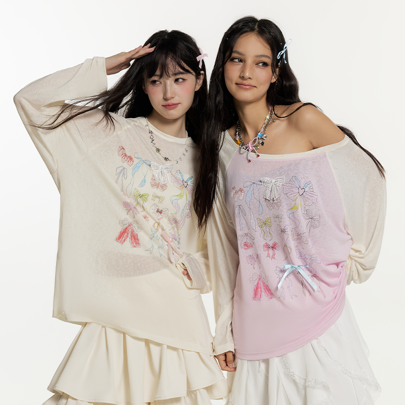 蝴蝶结斜肩防晒罩衫长袖