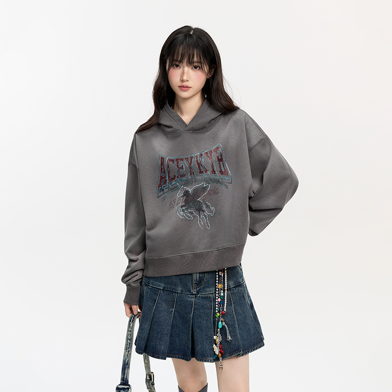 YKYB黄子韬 卫衣美式复古印花宽松百搭潮流黑色短款套头帽衫女秋