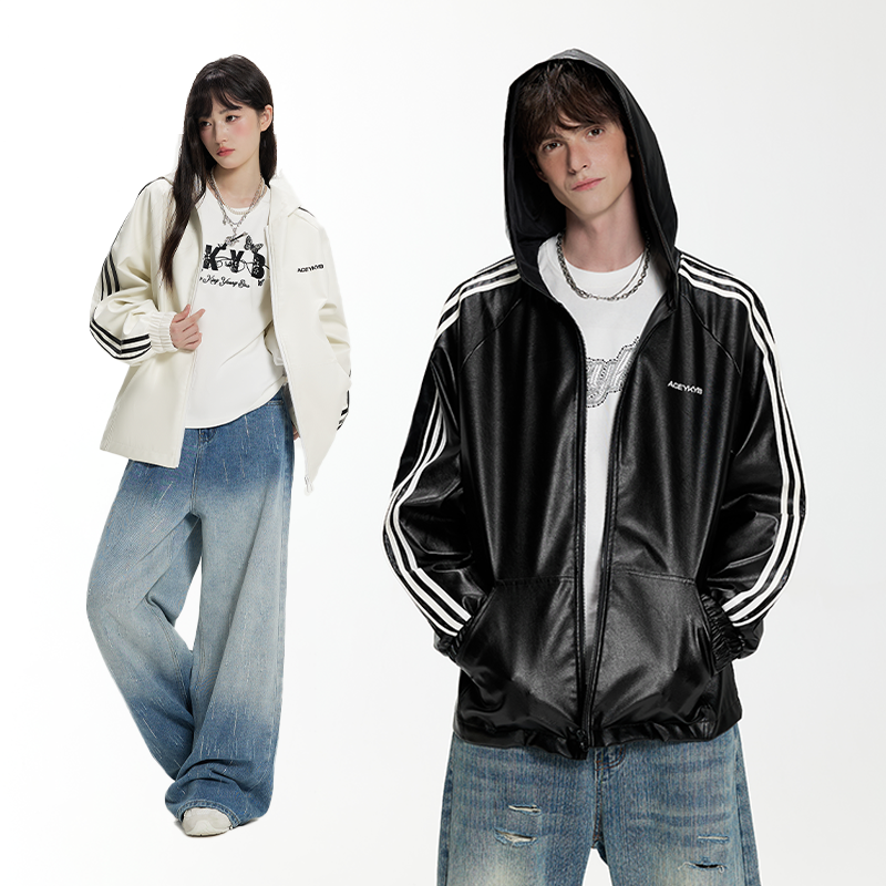 潮流时尚简约侧边条纹皮衣