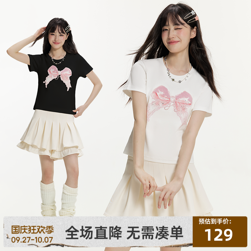 YKYB黄子韬2025年夏款T恤圆领修身蝴蝶结印花甜美可爱短款上衣女