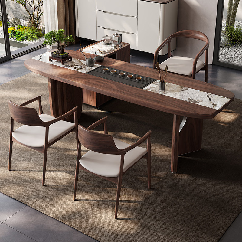 新中式实木岩板茶桌椅组合功夫茶台简约一体办公室大板泡茶桌家用