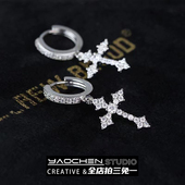 微镶菱形十字架耳环ins小众锆石满钻耳钉欧美街头嘻哈男女耳饰潮