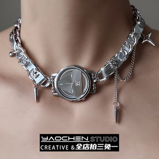 时间表盘金属皮革项圈个性y2k亚文化辣妹项链男颈链锁骨链女配饰
