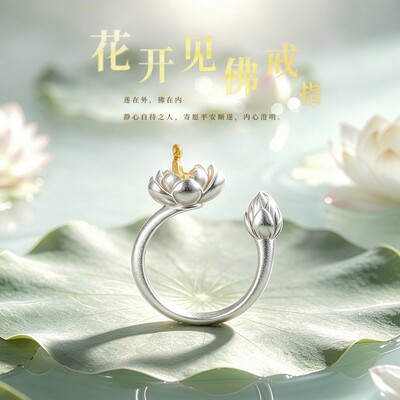 花开见佛莲花戒指女士简约百搭