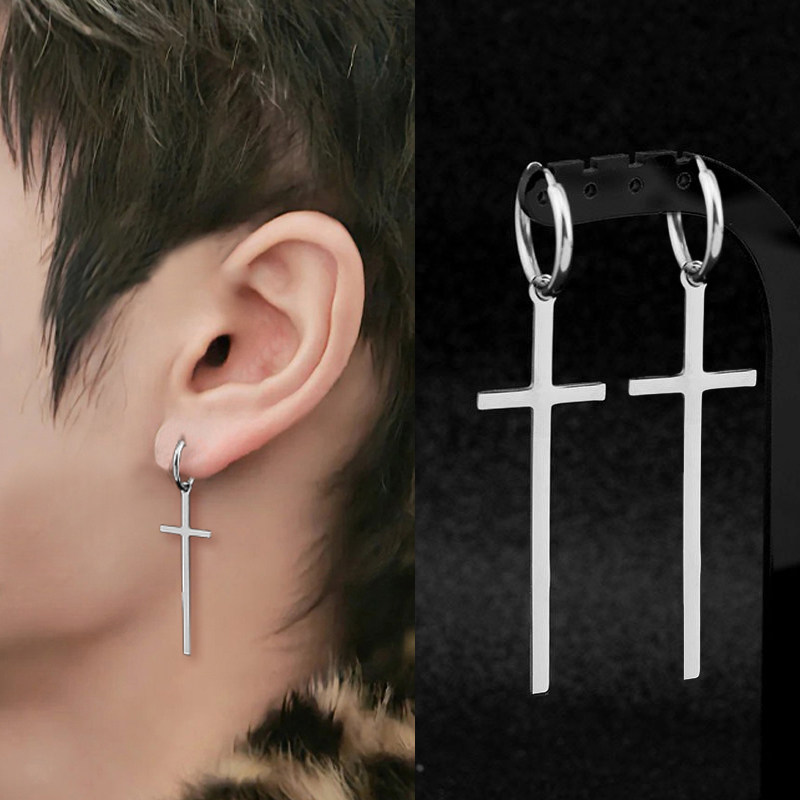 港风超长十字架耳环男女夸张长款小众设计无耳洞耳夹耳圈耳扣耳饰