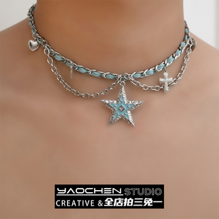 亚文化辣妹蓝色星星十字架choker皮革项链女锁骨链y2k配饰新款