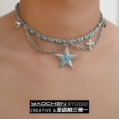 亚文化辣妹蓝色choker皮革项链女