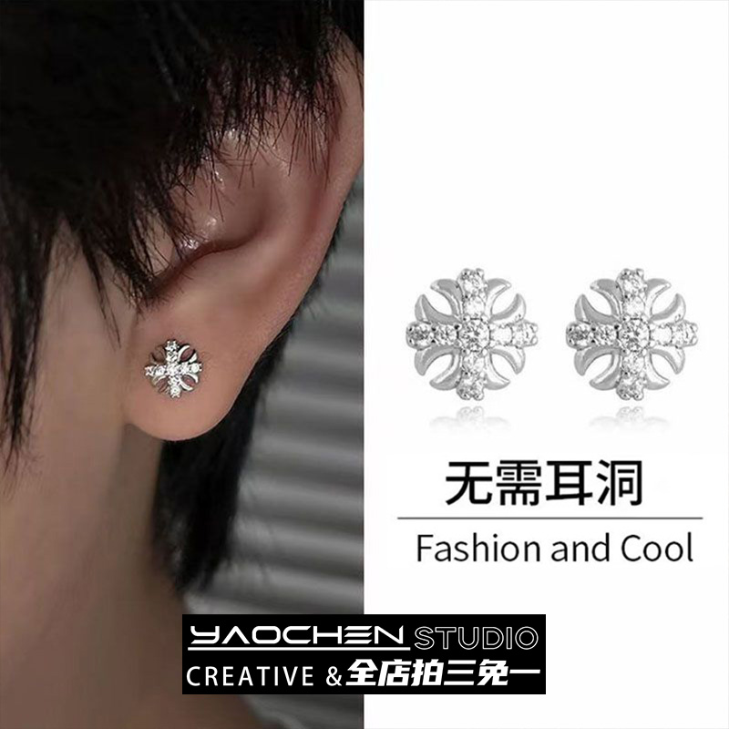 嘻哈镶钻鸢尾花耳夹无耳洞小众