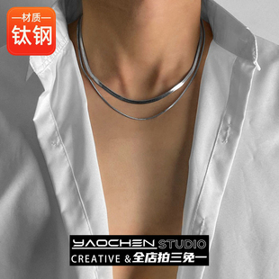 ins冷淡风 钛钢不掉色蛇骨链情侣款 新款 银色双层锁骨链项链男士