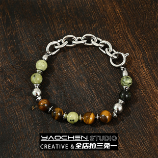 Vintage古着 新中式拼接串珠钛钢手链男女小众设计高级感复古手串