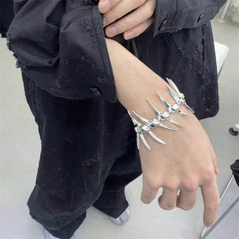 荆棘鱼骨角刺尖牙银色手链男女朋克嘻哈辣妹风骨骼情侣手环男女