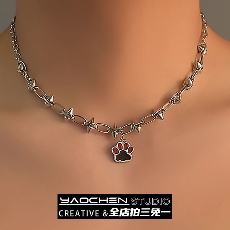 猫爪铆钉钛钢项链男辣妹锁骨链女