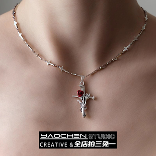 十字架藤蔓玫瑰项链高级感轻奢小众街头嘻哈毛衣链锁骨链男女新款