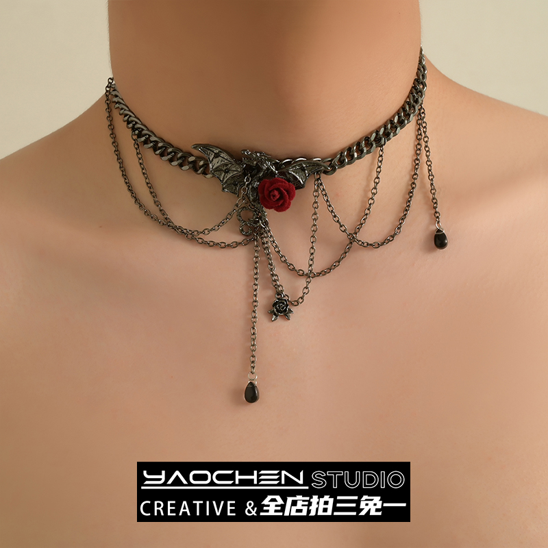 飞龙暗黑哥特项链女玫瑰花毛衣链