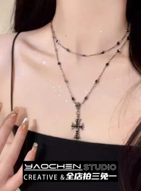 choker黑色十字架项链女款锁骨链