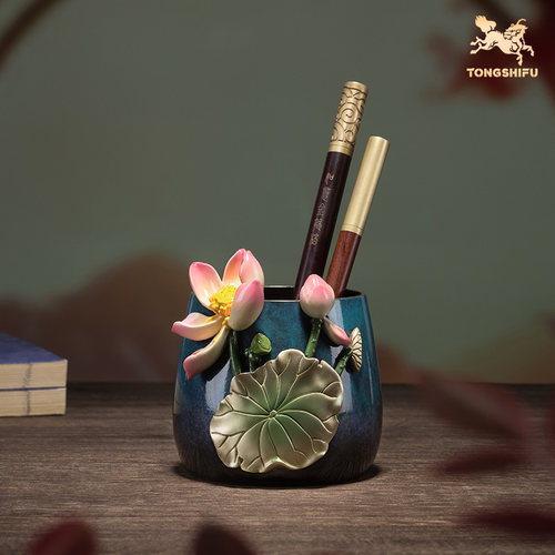 铜师傅荷花笔筒客厅书房铜摆件