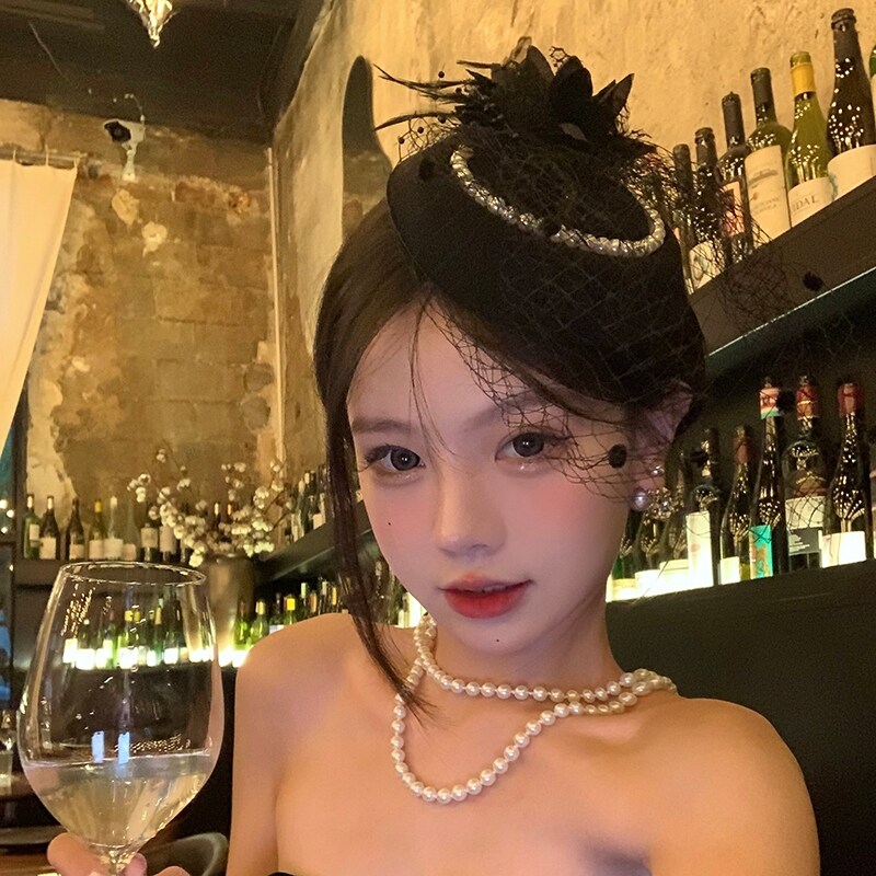 财阀小女 珍珠网纱发夹礼帽女万圣节cos拍照道具新娘气质优雅头饰