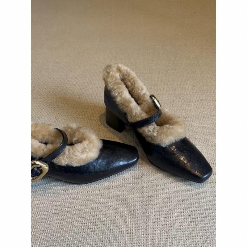 秋冬复古风方头加绒玛丽珍毛毛鞋