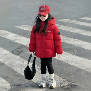 鸭鸭儿童厚羽绒服女童短款红色爆款童装连帽中大童男2026新款外套