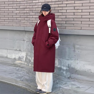 yaya鸭鸭羽绒服女2025新款冬红色户外中长款情侣工装派克极寒外套