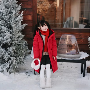 鸭鸭羽绒服儿童红色长款女款过冬新年防寒2026新款连帽90绒厚外套