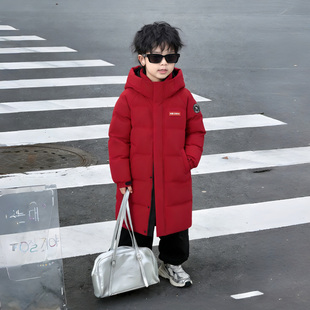 鸭鸭羽绒服儿童男款中长款红色本命年高充容量新款新年加厚外套