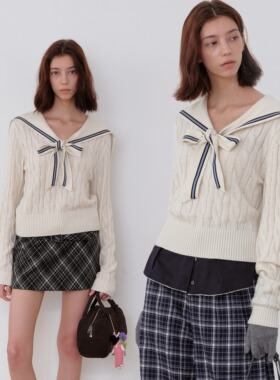 FXN “Tsukino”海军领米白蓝条纹胸前系结绞花羊毛衫学院风毛衣