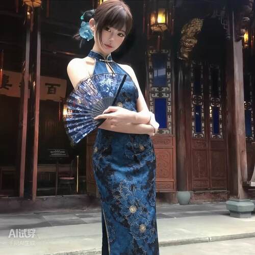 新中式名媛优雅复古印花开叉改良旗袍连衣裙开叉无袖盘扣连衣裙女