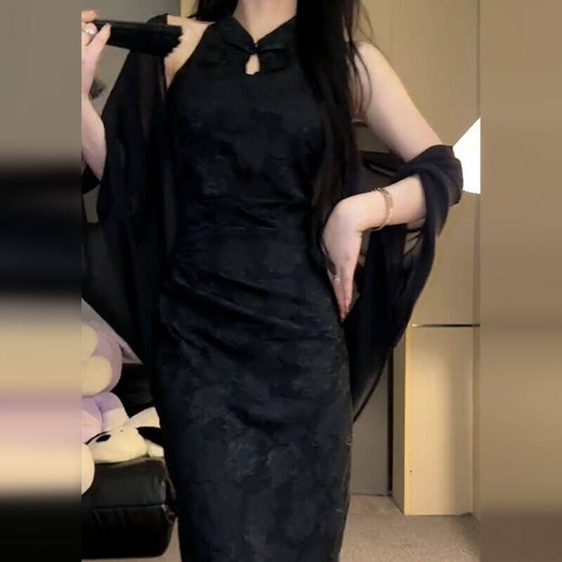 新中式国风旗袍连衣裙子女装2026新款春夏黑色气质长裙套装蕾丝