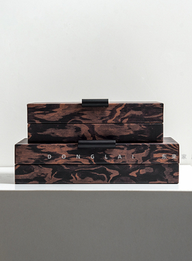 中古图腾实木首饰盒摆件新款皮革收纳盒新中式样板间客厅书房软装