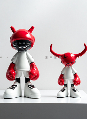 现代简约儿童房卡通摆件创意潮玩红色拳击公仔树脂雕塑艺术装饰品